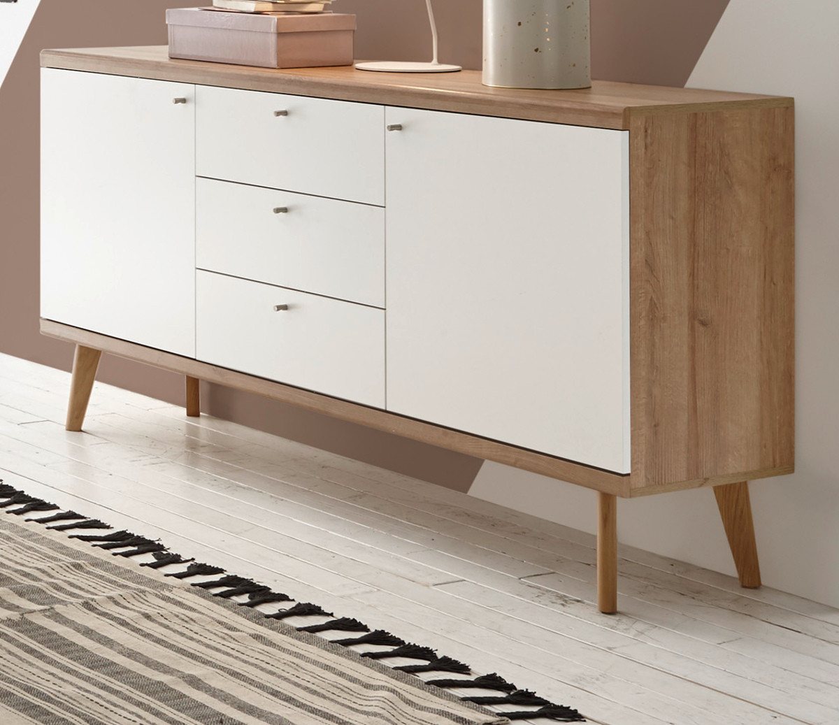 Furn.Design Sideboard Helge (Kommode in weiß und Eiche Riviera, 160 x 83 cm), skandinavisches Design von Furn.Design