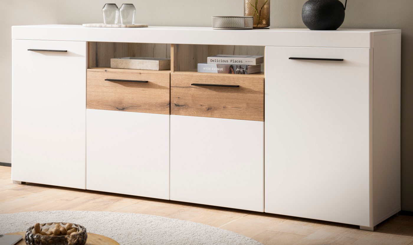 Furn.Design Sideboard Lavell (Kommode in weiß matt mit Eiche, 4-türig, 205 x 87 cm), 10 Fächer, Soft-Close-Funktion von Furn.Design