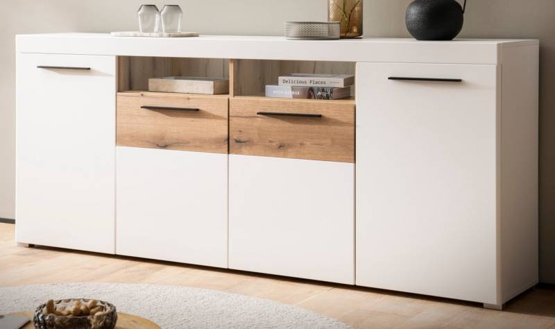 Furn.Design Sideboard Lavell (Kommode in weiß matt mit Eiche, 4-türig, 205 x 87 cm), 10 Fächer, Soft-Close-Funktion von Furn.Design