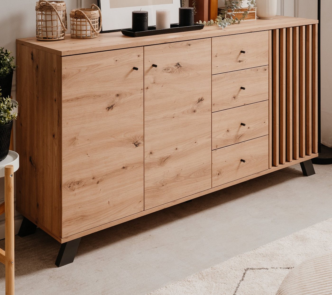 Furn.Design Sideboard Madem (Kommode in Eiche Artisan Dekor, 3-türig, 160 x 85 cm), mit echten Lamellen von Furn.Design