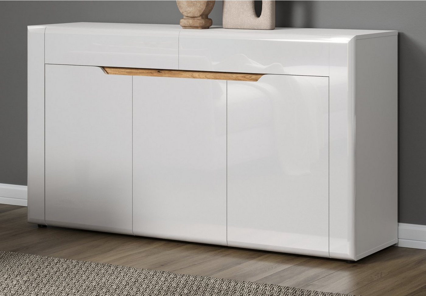 Furn.Design Sideboard Merlon (Kommode in weiß Hochglanz, 3-türig, 150 x 84 cm), Vollauszug von Furn.Design