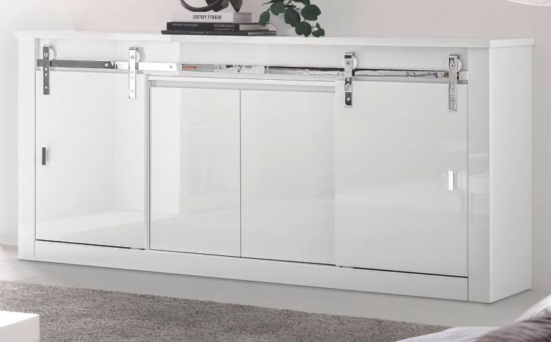 Furn.Design Sideboard Miami (Anrichte in Weiß Hochglanz, 201 x 92 cm), Soft-Close und Schiebetüren an Chrom-Reling von Furn.Design