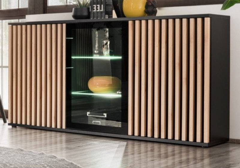 Furn.Design Sideboard Morgan (Kommode in schwarz mit 3D Lamellen Eiche, 163 x 92 cm), mit Push-to-Open, inkl. LED Beleuchtung von Furn.Design