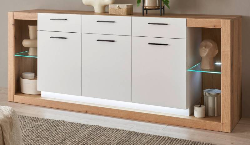 Furn.Design Sideboard Rivian (große Anrichte in Eiche Dekor und weiß matt, 198 x 83 cm), 3 Schubladen, 10 Fächer von Furn.Design