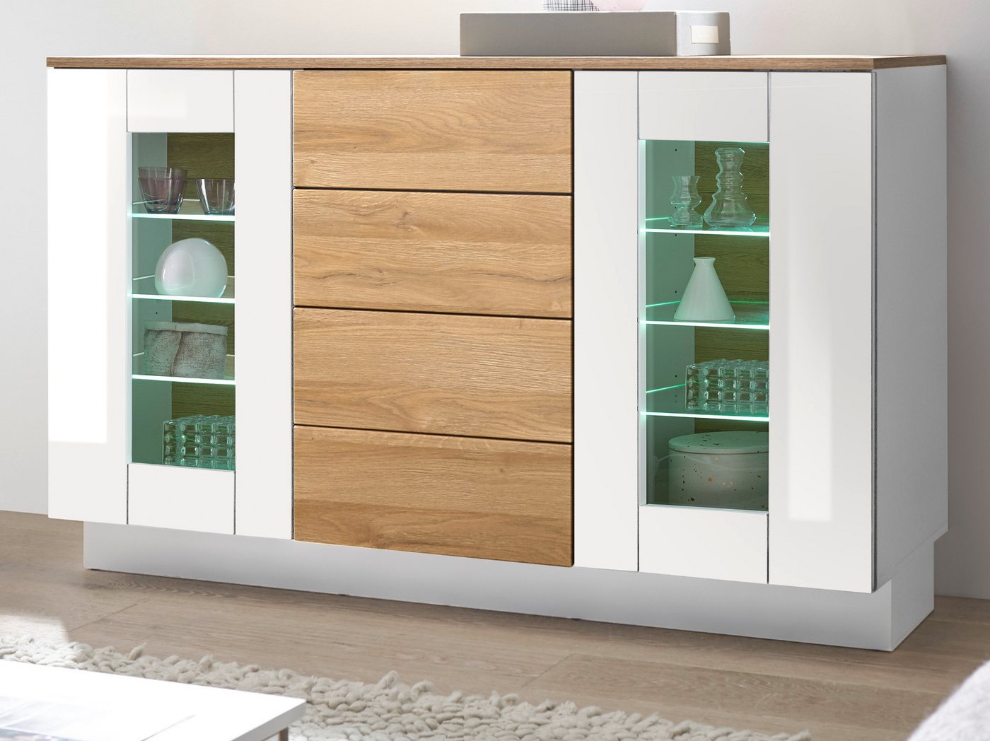 Furn.Design Sideboard Savanna (Kommode in weiß Hochglanz und Eiche hell, 136 x 85 cm), mit Push-to-Open Funktion von Furn.Design