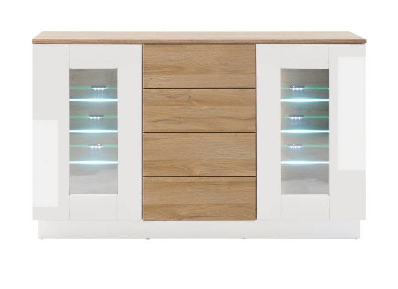 Furn.Design Sideboard Savanna (Kommode in weiß Hochglanz und Eiche hell, 136 x 85 cm), mit Push-to-Open Funktion von Furn.Design