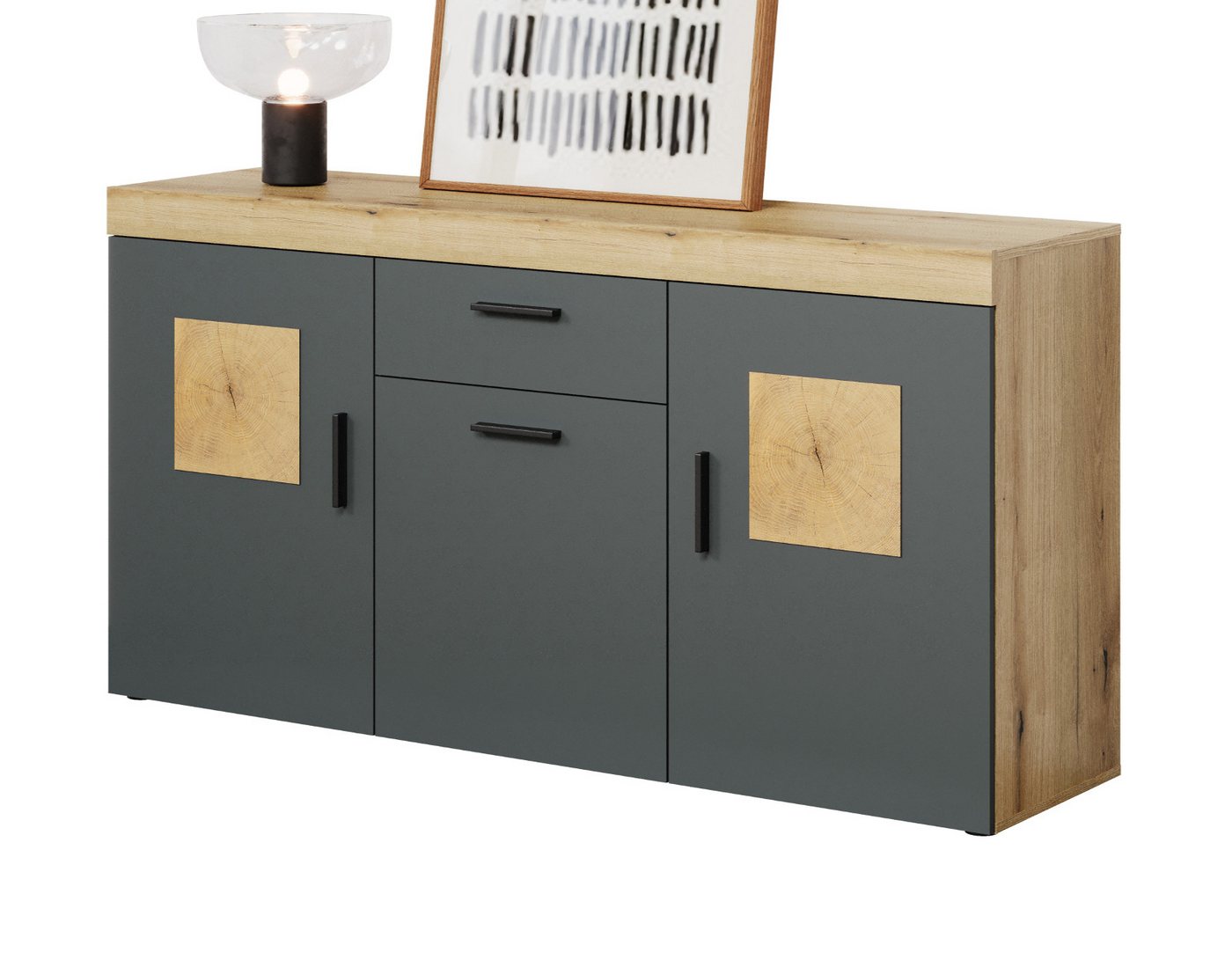 Furn.Design Sideboard Tralee (Kommode in Eiche Dekor mit Grau, 160 x 86 cm), mit Hirnholz Elementen von Furn.Design