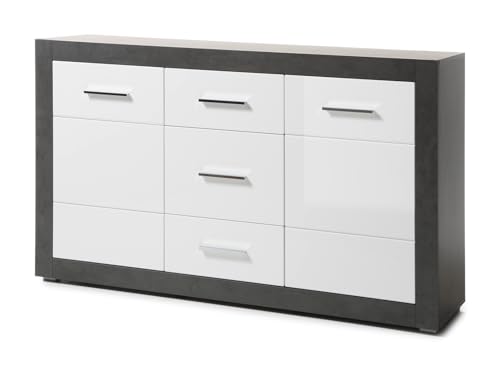 Furn.Design Sideboard in weiß Hochglanz und grau Stone, Wohn- und Esszimmer Kommode 164 x 97 cm, Briard von Furn.Design