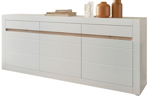 Furn.Design Sideboard in weiß matt und Evoke Eiche Kommode 217 x 90 cm, Soft-Close-Funktion, Derby von Furn.Design