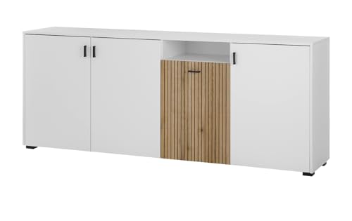 Furn.Design Sideboard in weiß matt und Evoke Eiche Kommode 4-türig Breite 200 cm, Soft-Close, Merced von Furn.Design