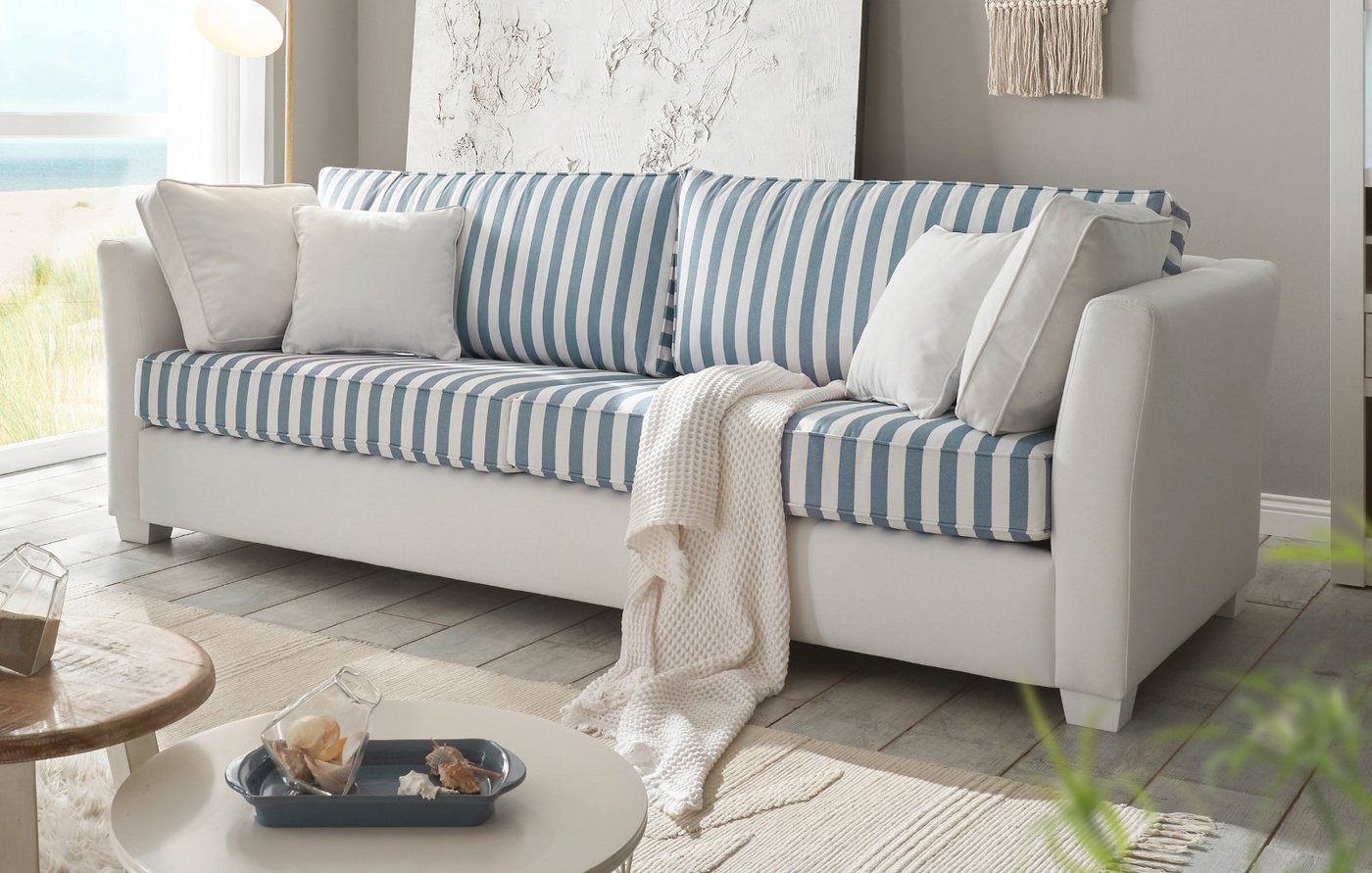 Furn.Design Sofa Hooge, 2,5-Sitzer in Creme mit blau, Landhausstil, mit Bonell Federkern von Furn.Design