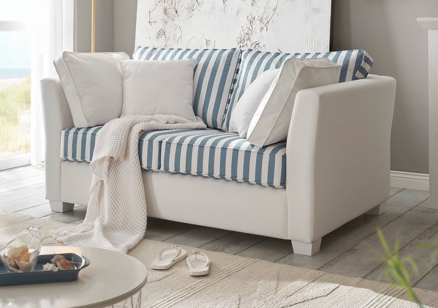 Furn.Design Sofa Hooge, 2-Sitzer in Creme mit blau, Landhausstil, mit Bonell Federkern von Furn.Design