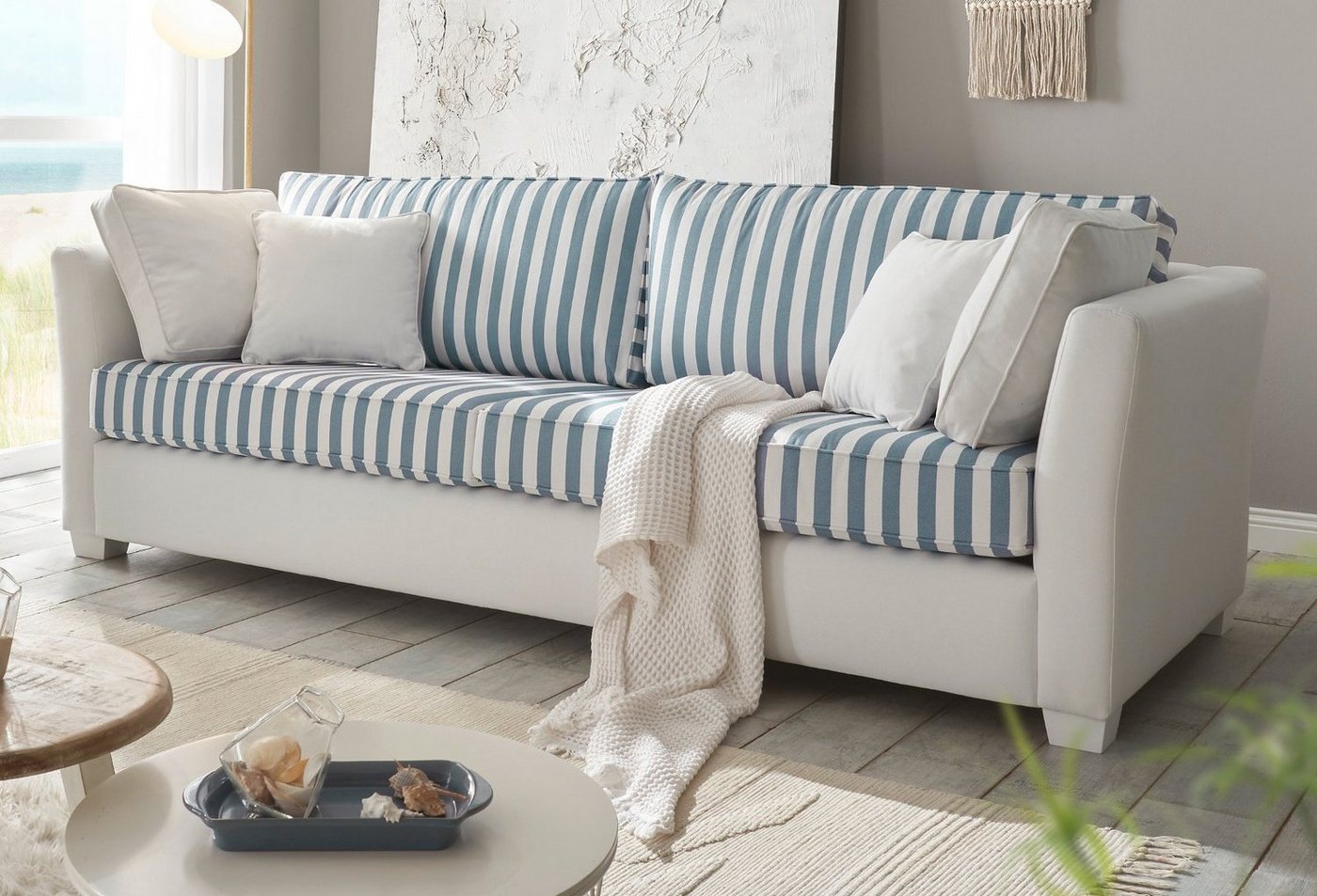 Furn.Design Sofa Hooge, 3-Sitzer in cremeweiß mit blau, Landhausstil, mit Bonell Federkern von Furn.Design