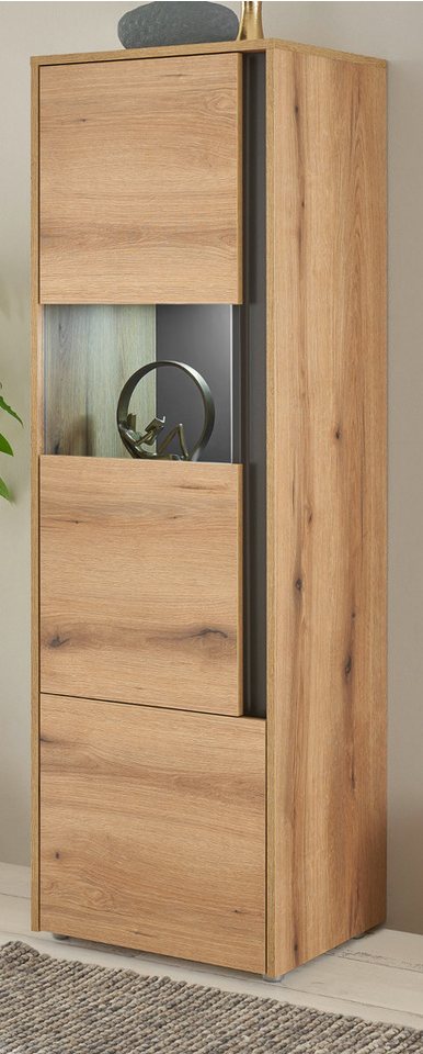 Furn.Design Standvitrine Center (Vitrine in Evoke Eiche Dekor mit grau, 50 x 155 cm) Wechselbarer Türanschlag von Furn.Design