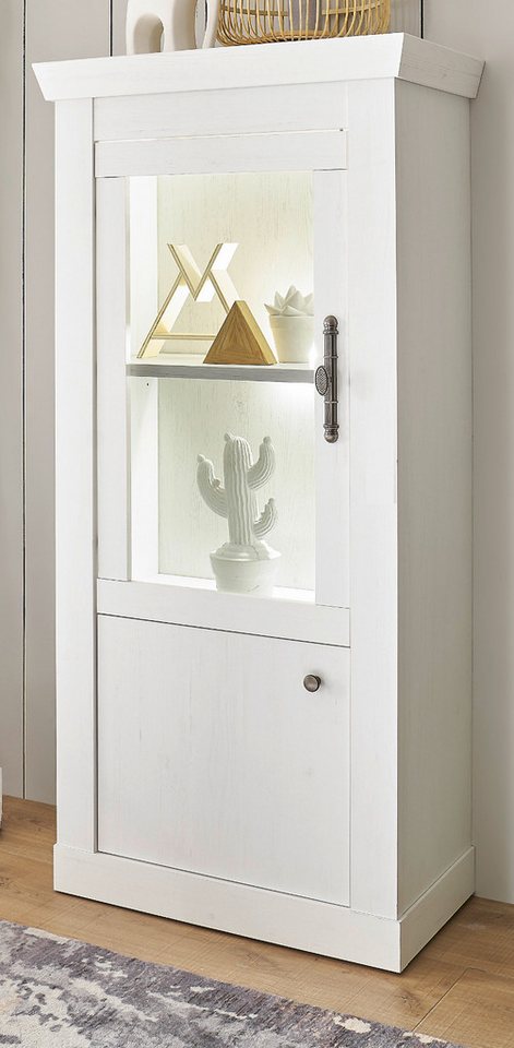 Furn.Design Standvitrine Fiastra (Vitrine in Pinie weiß Dekor, 70 x 146 cm) Metallgriffe, Soft-Close-Funktion von Furn.Design