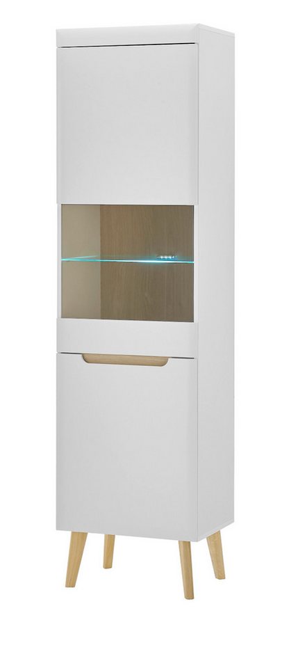 Furn.Design Standvitrine Isgard (Vitrinenschrank in weiß matt mit Scandi Eiche, 53 x 197 cm) Soft-Close-Funktion von Furn.Design