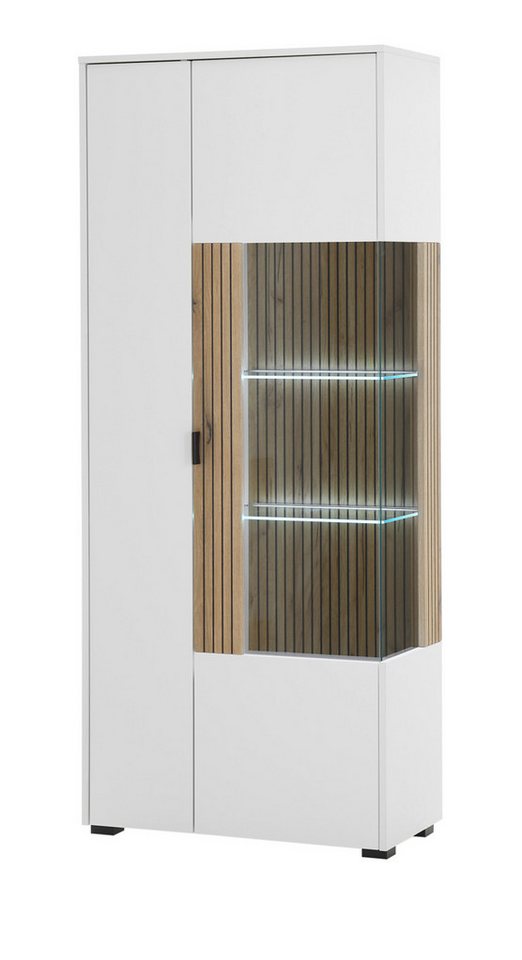 Furn.Design Standvitrine Merced (Vitrinenschrank in weiß mit Eiche, 75 x 180 cm) Soft-Close von Furn.Design