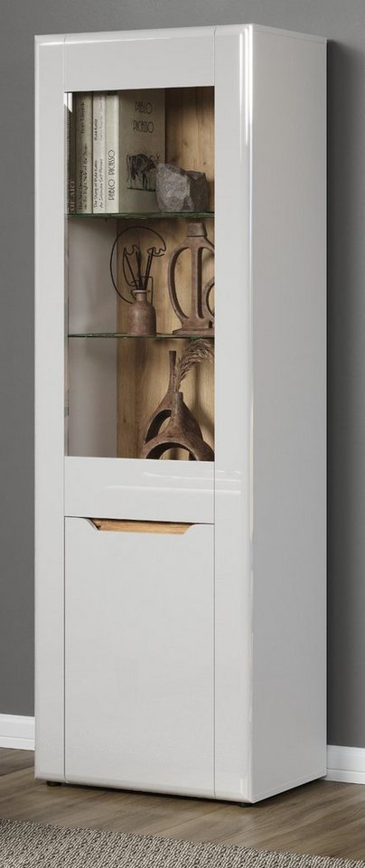 Furn.Design Standvitrine Merlon (Vitrine in weiß mit Eiche, 2-türig, 65 x192 cm) Hochglanz von Furn.Design