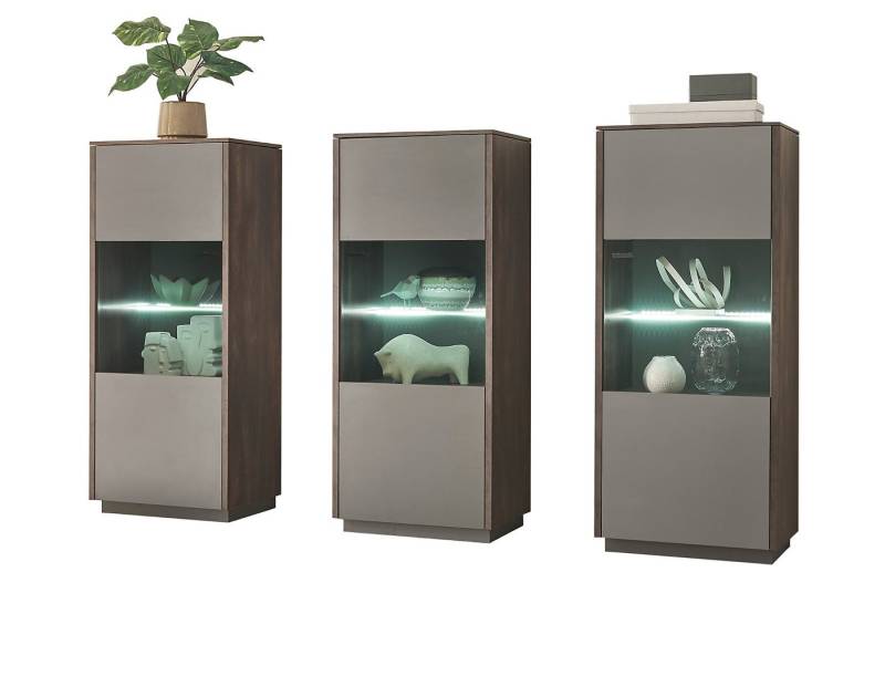 Furn.Design Standvitrine Piano (Set 3x Vitrine in grau mit Thermo Eiche, 3-St., ca. 200 x 130 cm) mit Soft-Close-Funktion von Furn.Design