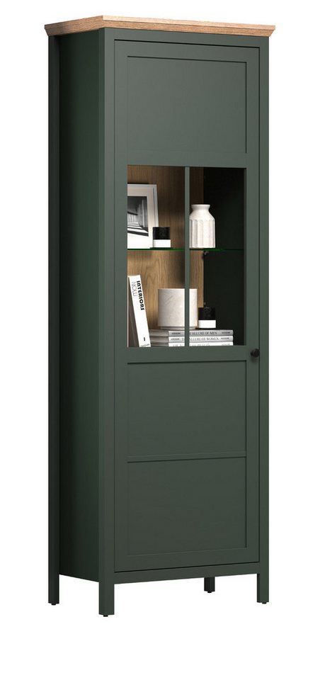 Furn.Design Standvitrine Stanton (Vitrinenschrank in Landhaus grün mit Eiche, 69 x 198 cm) inklusive Beleuchtung von Furn.Design