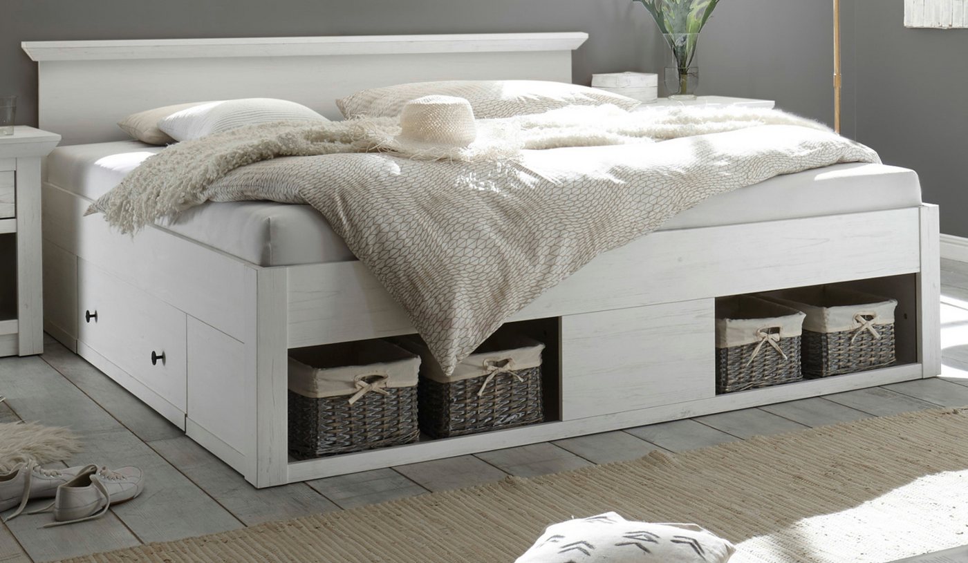 Furn.Design Stauraumbett Hooge (Doppelbett in Pinie weiß Dekor, Liegefläche 180 x 200 cm), inklusive 2x Bettschubkasten von Furn.Design
