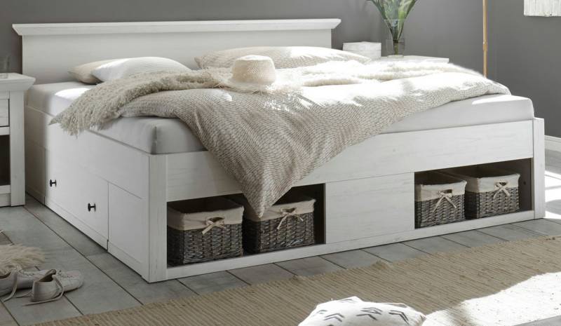 Furn.Design Stauraumbett Hooge (Doppelbett in Pinie weiß Dekor, Liegefläche 180 x 200 cm), inklusive 2x Bettschubkasten von Furn.Design