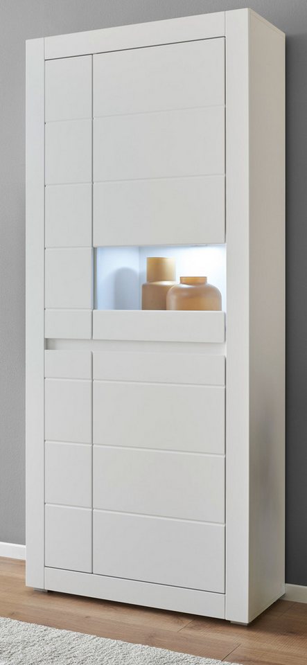 Furn.Design Stauraumvitrine Derby (Vitrinenschrank in weiß, 2-türig, 12 Fächer, 85 x 198 cm) mit weiß oder Eiche, Soft-Close-Funktion von Furn.Design