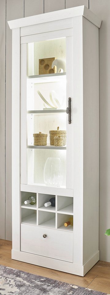 Furn.Design Stauraumvitrine Fiastra (Vitrinenschrank in Pinie weiß Dekor, 70 x 201 cm) mit Flaschenregal, Soft-Close-Funktion von Furn.Design