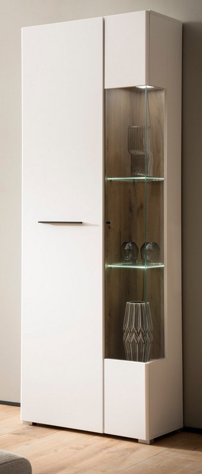 Furn.Design Stauraumvitrine Lavell (Vitrinenschrank in weiß matt mit Eiche, 2-türig, 72 x 200 cm) mit Soft-Close von Furn.Design
