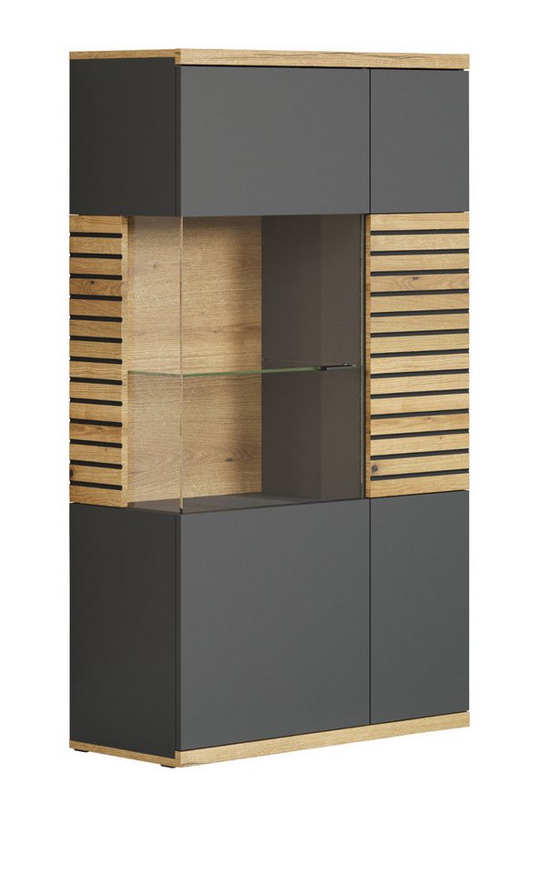 Furn.Design Stauraumvitrine Norris (Großer Vitrinenschrank in grau mit Eiche, 80 x 205 cm) mit Soft-Close-Funktion von Furn.Design