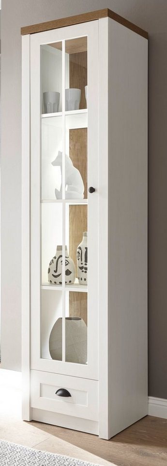 Furn.Design Stauraumvitrine Seyne (Vitrinenschrank in Pinie weiß und Eiche, 50 x 198 cm) Moderner Landhausstil, Türanschlag wechselbar von Furn.Design