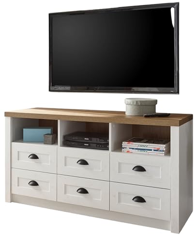 Furn.Design TV-Lowboard in weiß Pinie und Eiche hell Landhaus TV Unterteil mit Komforthöhe 130 x 68 cm, Seyne von Furn.Design