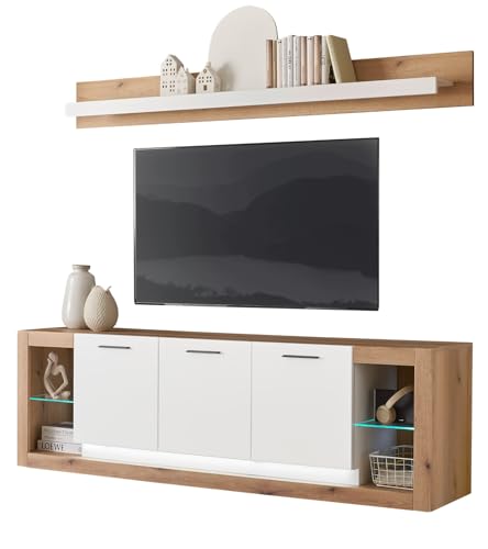 Furn.Design TV-Lowboard und Wandboard in weiß matt und Evoke Eiche, Wohnkombination Set 2-teilig 198 cm, Rivian von Furn.Design