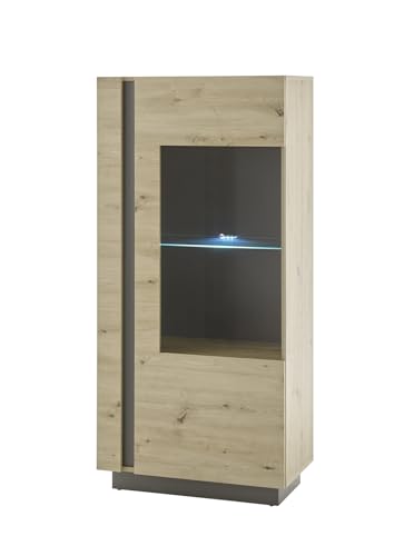 Furn.Design Vitrine in Eiche Artisan und grau Graphit Vitrinenschrank Wohnzimmer Esszimmer Schrank 72 x 154 cm Louna (Vitrine 2) von Furn.Design