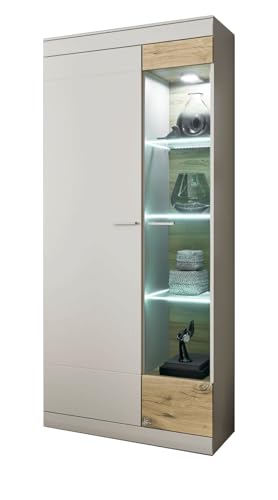 Furn.Design Vitrine in Kieselgrau matt und Zinneiche, Wohn- und Esszimmer Vitrinenschrank 90 x 199 cm, Griego von Furn.Design