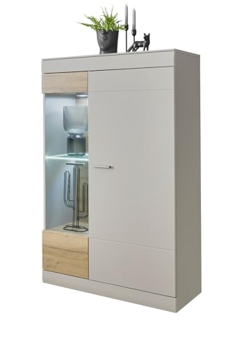 Furn.Design Vitrine in Kieselgrau matt und Zinneiche, Wohn- und Esszimmer Vitrinenschrank halbhoch 90 x 139 cm, Griego von Furn.Design