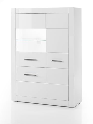 Furn.Design Vitrine in weiß Hochglanz, Wohn- und Esszimmer Vitrinenschrank halbhoch 100 x 142 cm, Carrara von Furn.Design