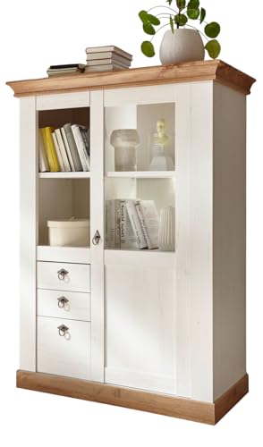 Furn.Design Vitrine in weiß Pinie und Eiche Wotan Landhaus, Highboard 102 x 139 cm, Hemsby von Furn.Design