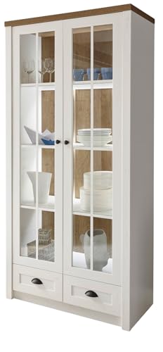 Furn.Design Vitrine in weiß Pinie und Eiche hell, Landhaus Vitrinenschrank 90 x 198 cm, Seyne von Furn.Design