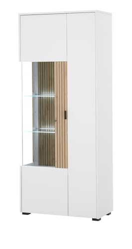 Furn.Design Vitrine in weiß matt und Evoke Eiche Wohn- und Esszimmer, Vitrinenschrank 75 x 180 cm, Merced von Furn.Design