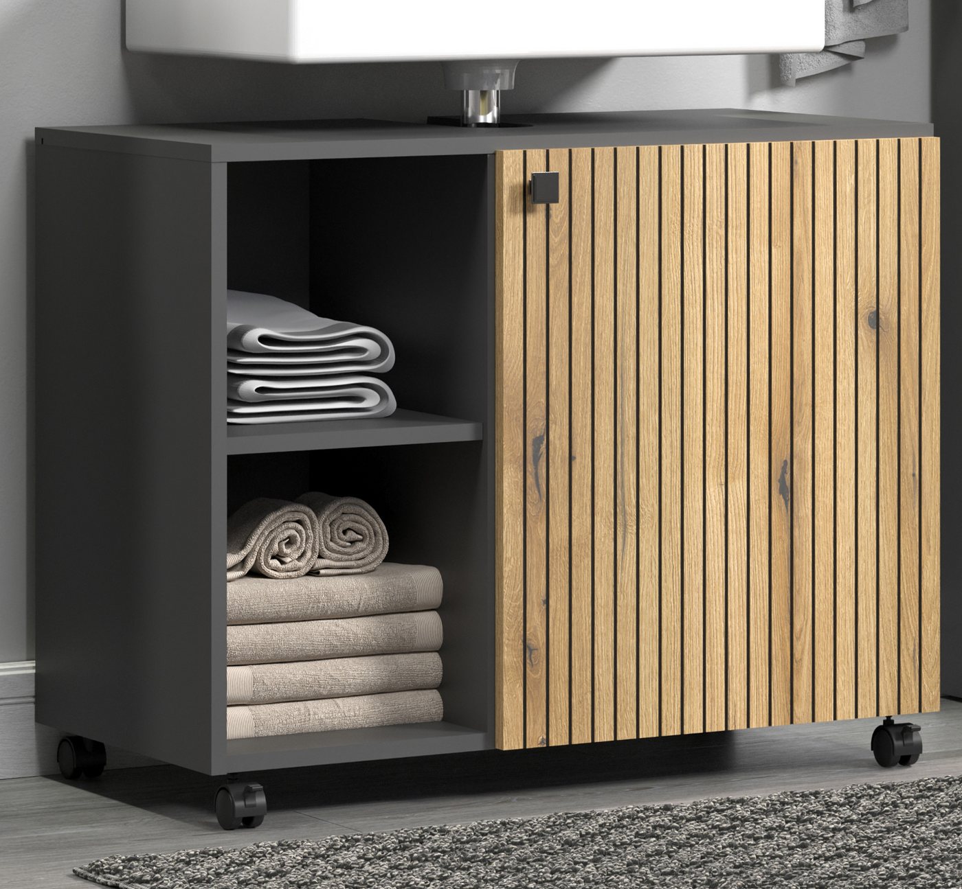 Furn.Design Waschbeckenunterschrank Bliss (Waschtisch in grau mit Evoke Eiche, 4 Fächer, Breite 80 cm) auf Rollen von Furn.Design