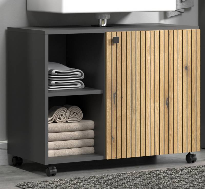 Furn.Design Waschbeckenunterschrank Bliss (Waschtisch in grau mit Evoke Eiche, 4 Fächer, Breite 80 cm) auf Rollen von Furn.Design