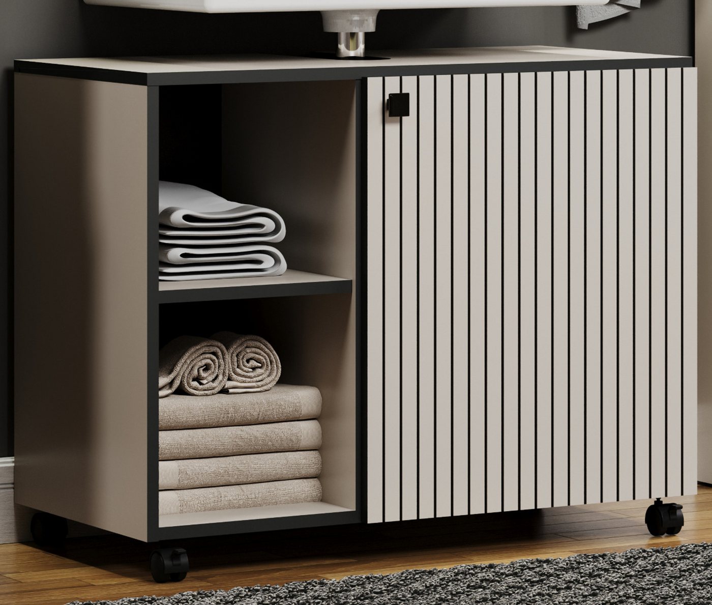 Furn.Design Waschbeckenunterschrank Calmed (Badschrank in Cashmere grau, Staboptik, Breite 80 cm) auf Rollen von Furn.Design
