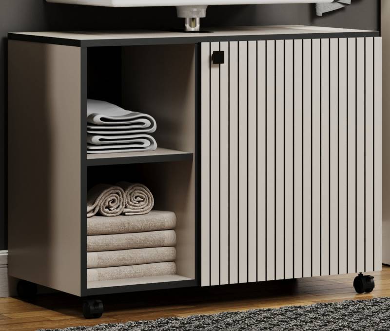 Furn.Design Waschbeckenunterschrank Calmed (Badschrank in Cashmere grau, Staboptik, Breite 80 cm) auf Rollen von Furn.Design
