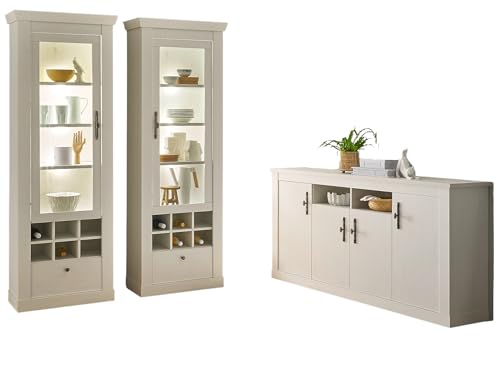 Furn.Design Wohn- und Esszimmer Set 3-teilig in weiß Pinie Landhaus-Stil mit Soft-Close-Funktion, Fiastra von Furn.Design