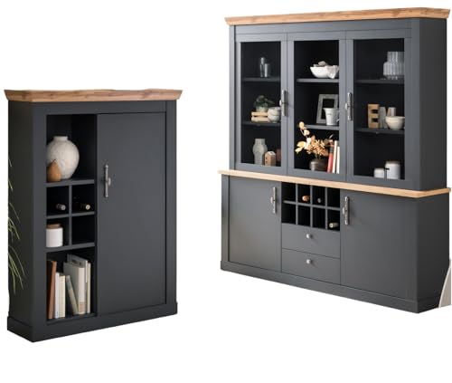 Furn.Design Wohn- und Esszimmer Set in grau und Wotan Eiche, Landhaus Wohnkombination 2-teilig Buffetschrank und Kommode, Ribera von Furn.Design