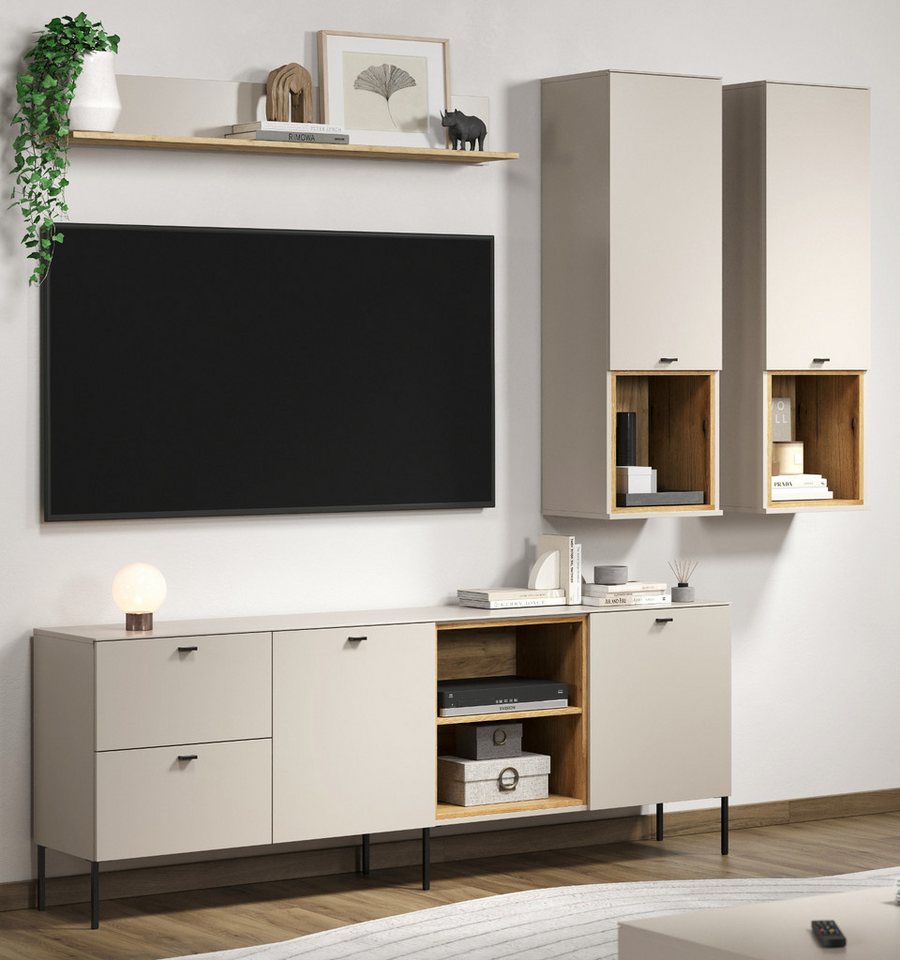 Furn.Design Wohnwand Alegro, (4-teiliges Wohnzimmer Set in Sand / Cashmere mit Eiche, 250 x 210 cm), mit Soft-Close-Funktion von Furn.Design