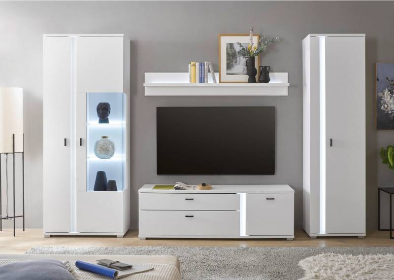 Furn.Design Wohnwand Bellport, (Schrankwand in weiß matt, 4-St., Breite 305 cm), mit LED-Beleuchtung und Soft-Close von Furn.Design