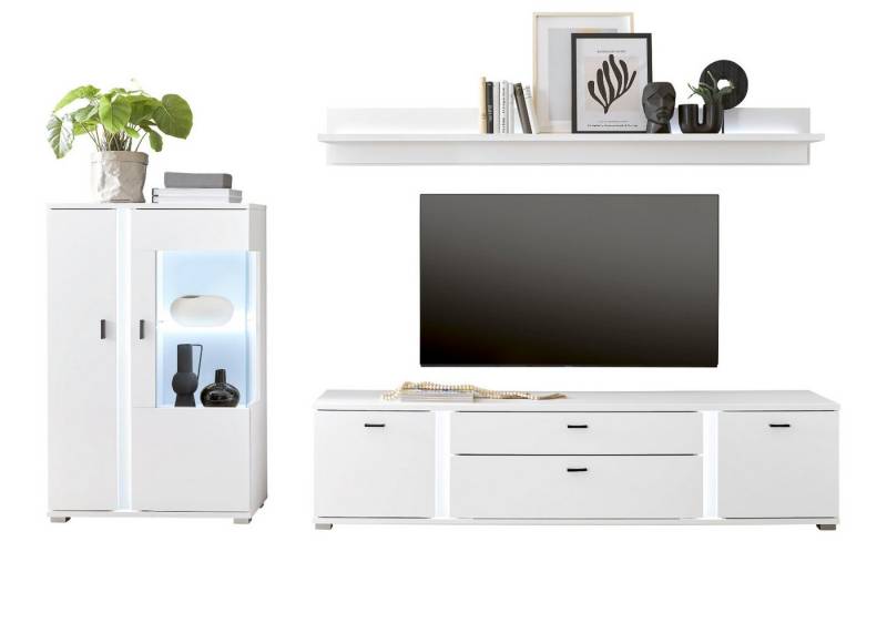 Furn.Design Wohnwand Bellport, (Wohnkombination in weiß matt, 3-St., 290 x 170 cm), mit LED-Beleuchtung und Soft-Close von Furn.Design