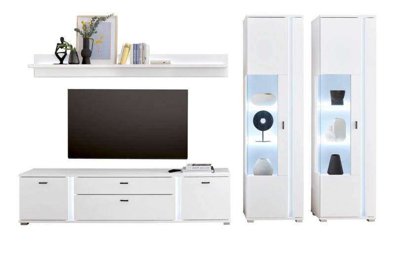 Furn.Design Wohnwand Bellport, (Wohnkombination in weiß matt, Breite 330 cm), mit LED-Beleuchtung und Soft-Close von Furn.Design